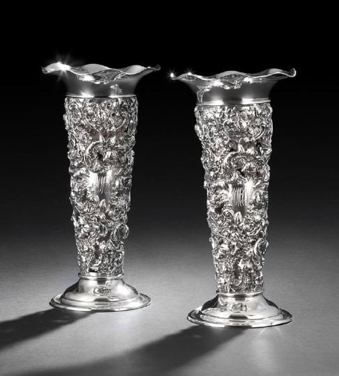 Pair of New Orleans-Retailed Sterling Vases: Pair of New Orleans-Retailed Sterling Silver Vases, fourth quarter 19th century, by the Mauser Mfg. Co., active 1887-1903, New York City, New York, retailed by Maurice Schooler, active 1842-1900, New 