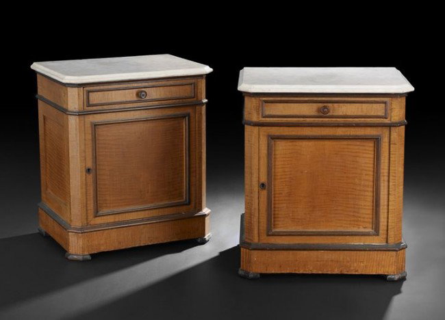 Pair of Alexander Roux Night Stands: Fine Pair of Alexander Roux Figured Maple and Walnut Night Stands, third quarter 19th century, each stenciled inside the drawer "From A. Roux Cabinetmaker Nos. 479 & 481 Broadway New York", and each w