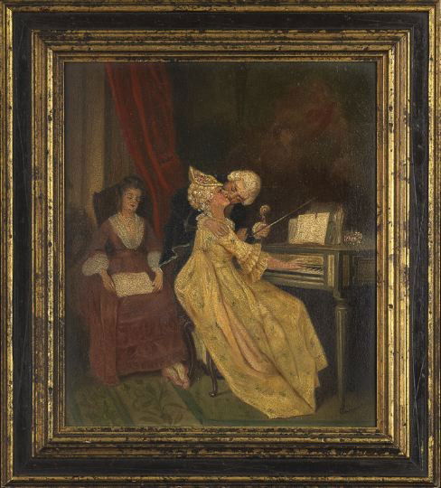 German School (Third Quarter 19th Century): German School (Third Quarter 19th Century) "How Sweet the Stolen Kiss", oil on panel in the 18th-century galants style, unsigned, 15" x 12-1/2". Presented in a giltwood and ebonized frame, also in the