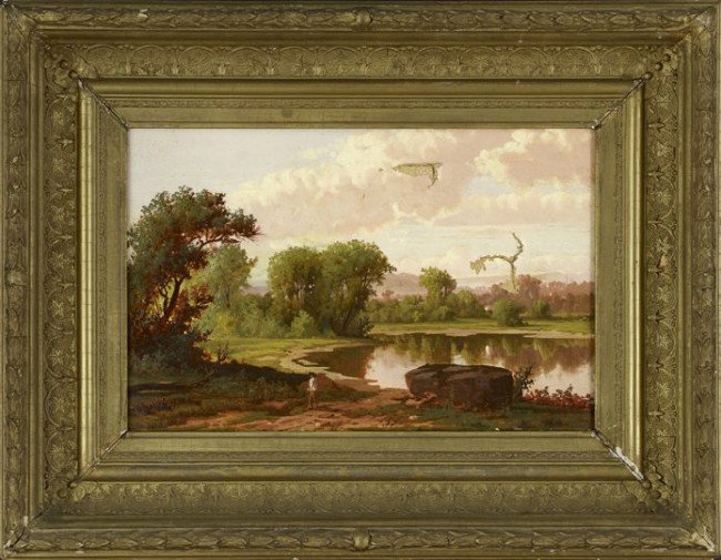 Continental School (Fourth Quarter 19th century): Continental School (Fourth Quarter 19th century), a pair of oils on canvas, both examples signed lower left "F. Knapp", one example depicting a man standing on a riverbank in a country landscape, the 