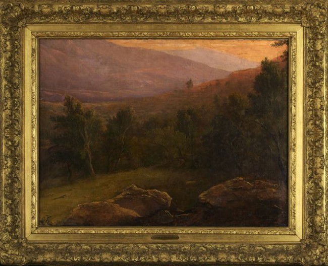 Circle of George Inness (American, 1825-1894): Circle of George Inness (American, 1825-1894) "Wooded Mountain Landscape with Figures Resting in a Clearing", oil on canvas, unsigned, 22" x 30". Presented in a period carved giltwood frame bearing br