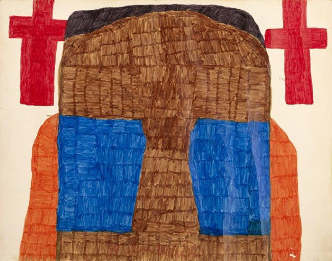 Willie White (American/Louisiana, 1908-2000): Willie White (American/Louisiana, 1908-2000) "Figure with Crosses", marker on poster board, signed lower center, sheet 22" x 28". Unframed.