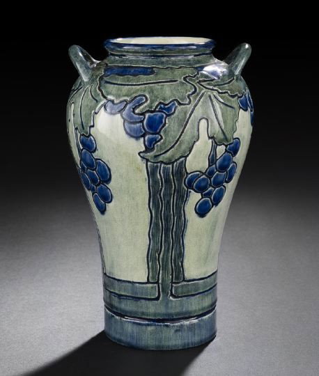 Newcomb College Pottery High-Glazed Vase: Attractive Newcomb College High-Glazed Pottery Two-Handled Vase, 1906, potted by Joseph Fortune Meyer (1848-1931) and decorated by Sara Bloom Levy (d. 1955), the body decorated with stylized mahonia b