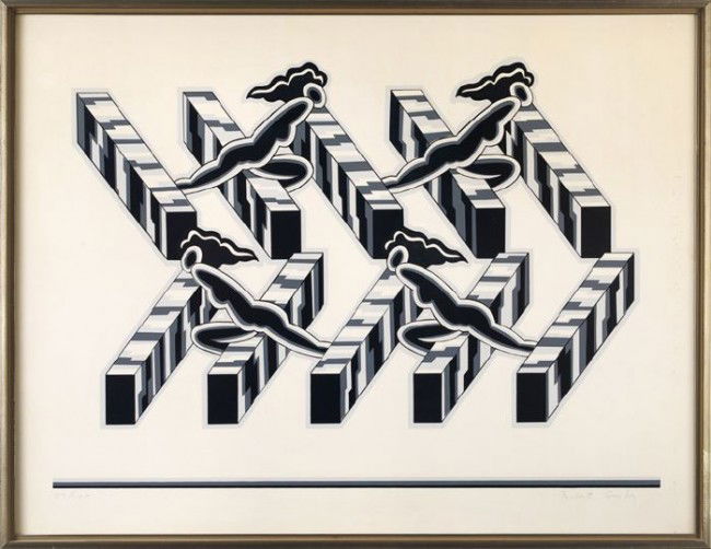 Robert Gordy (American/Louisiana, 1933-1986): Robert Gordy (American/Louisiana, 1933-1986) "Women Climbing Stairs", color silkscreen, pencil signed lower right "Robert Gordy", pencil signed lower left "57/100", sight 24-1/4" x 32-1/4". Glazed and