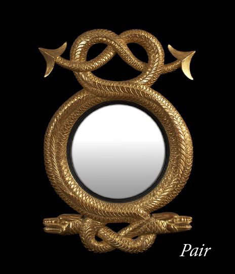 Pair of Regency-Style Giltwood Looking Glasses: Pair of Regency-Style Giltwood Convex Looking Glasses, each with a convex plate surrounded by a molded frame simulating imbricate reptilian skin, with the serpent's intertwining tail as the crest and 