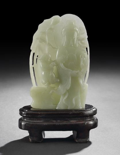 Chinese Jade Figure of Guanyin and an Attendant: Chinese Carved Pale Celadon Jade Figure of Guanyin and an Attendant, 20th century, carved in relief, the front depicting the deity standing in flowing robes and holding a ruyi scepter, with an attenda