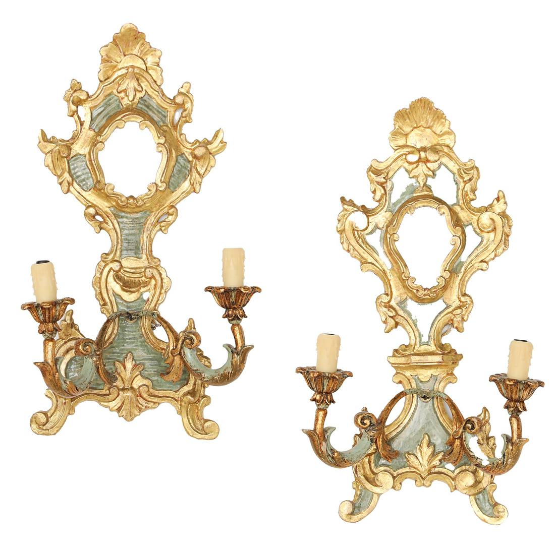 Pair of Italian Parcel-Gilt Girandoles: Pair of Italian Painted and Parcel-Gilt Girandoles fourth quarter 19th century, in the Baroque taste, decorated with carved giltwood scrollwork and acanthus leaves against a green-painted ground, the 