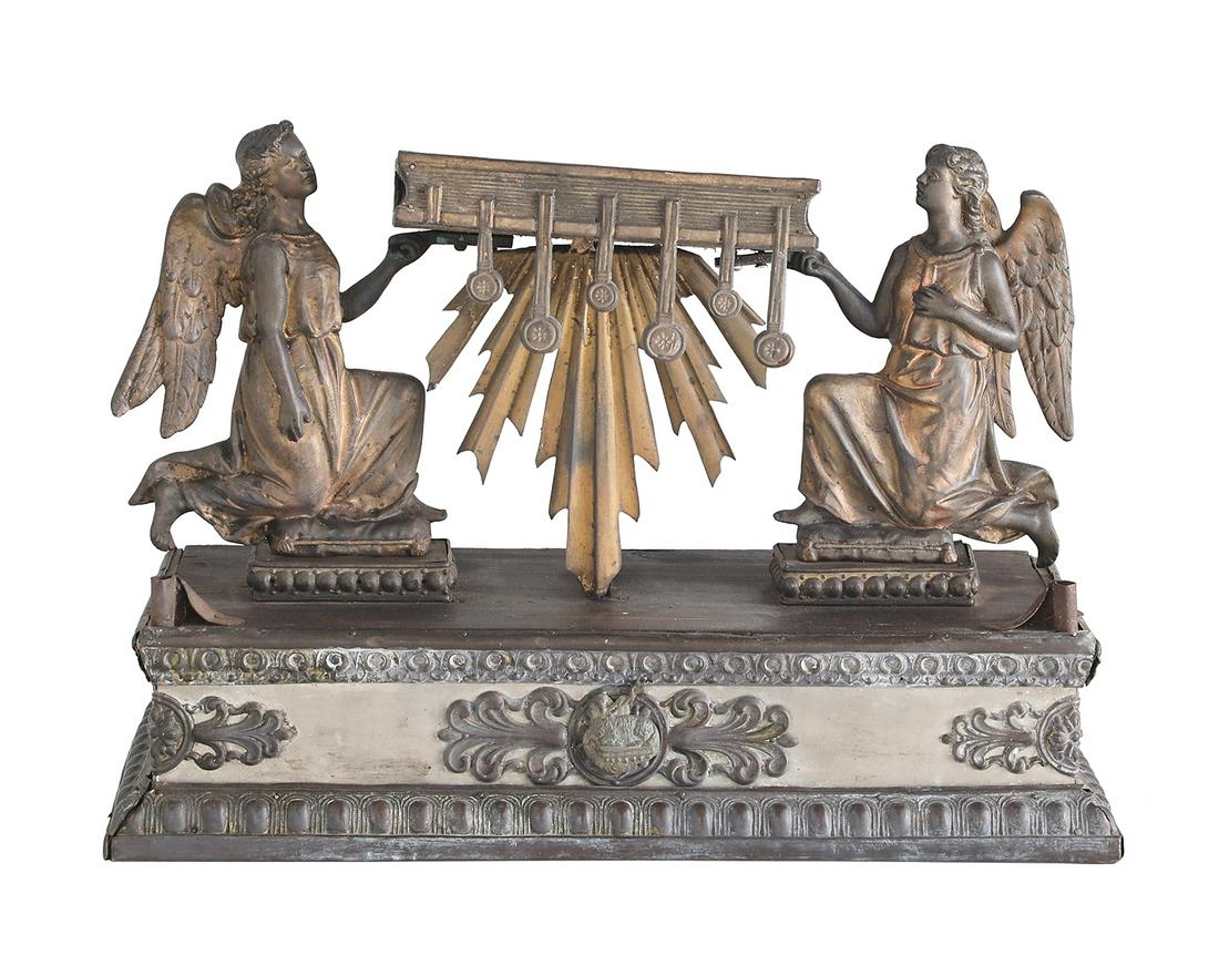 Unusual Neoclassical Tole and Oak Altarpiece: Unusual Neoclassical Tole and Oak Altarpiece second quarter 19th century, featuring two molded tole angels supporting an oak and tole Bible, with tole sunrays emanating downward, the tole-trimmed oak 