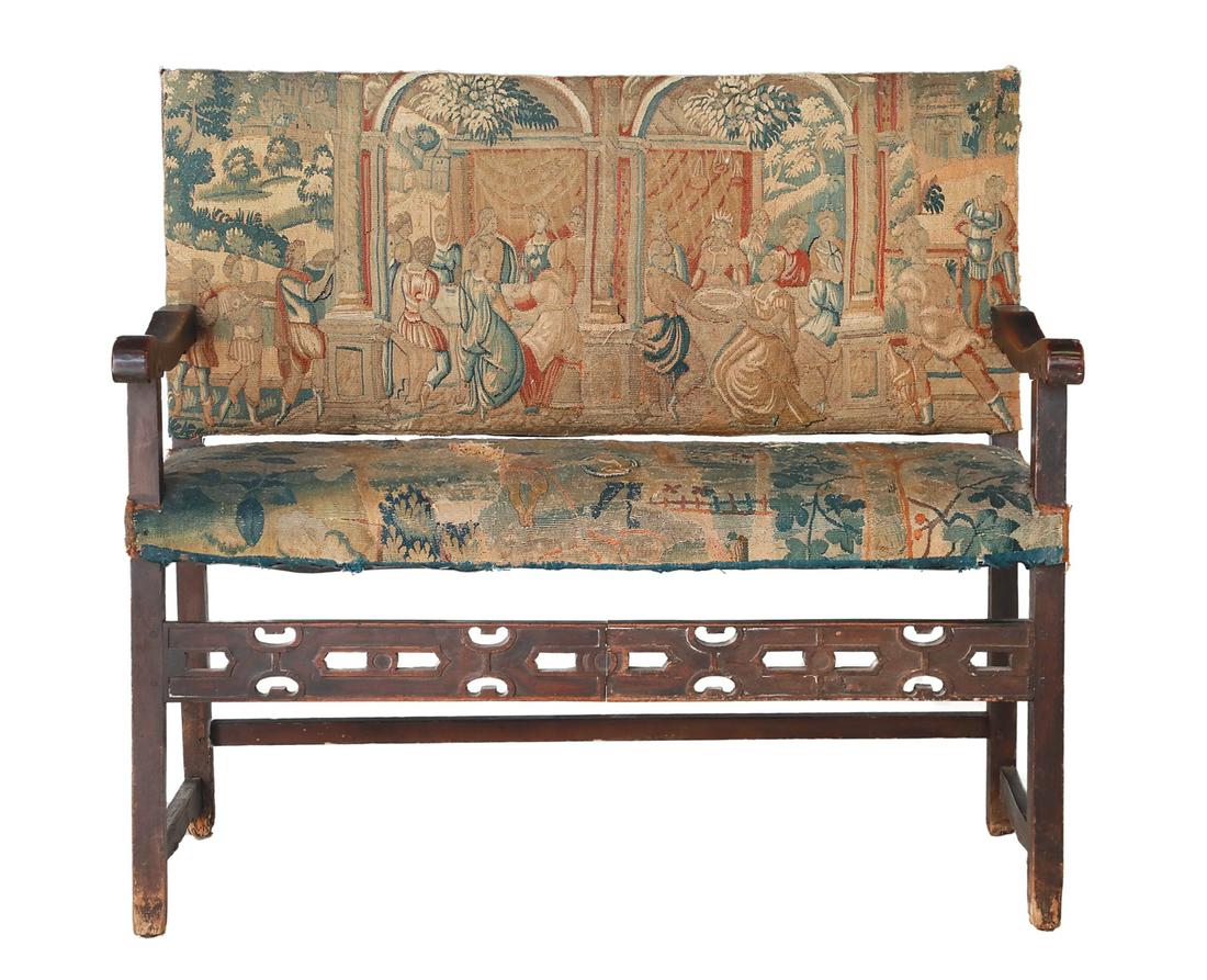 Spanish Oak and Upholstered Settee (1 of 3)