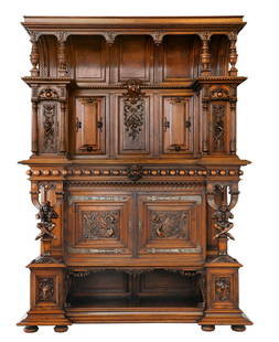 Neo-Renaissance Figural Carved Walnut Cabinet: Neo-Renaissance Figural Carved Walnut Cabinet fourth quarter 19th century, probably French or Italian, in the manner of Luigi Frullini, the hooded cornice on segmented columns fronting cove-molded