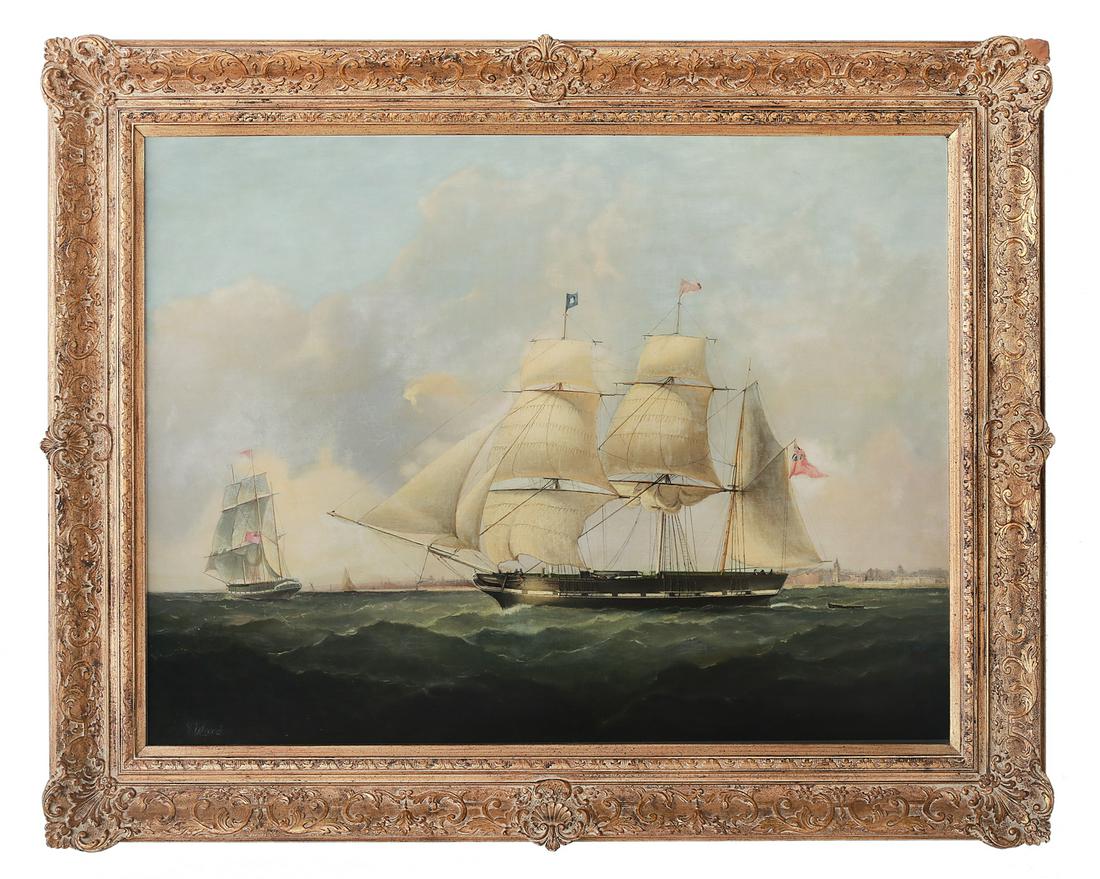 John Ward of Hull (British, 1798-1849): John Ward of Hull (British, 1798-1849) "Frigate off the English Coast" oil on canvas signed lower left. Framed. 27-1/4" x 36", framed 35-1/4" x 43" Provenance: Private collection, Lexington, Kentucky.