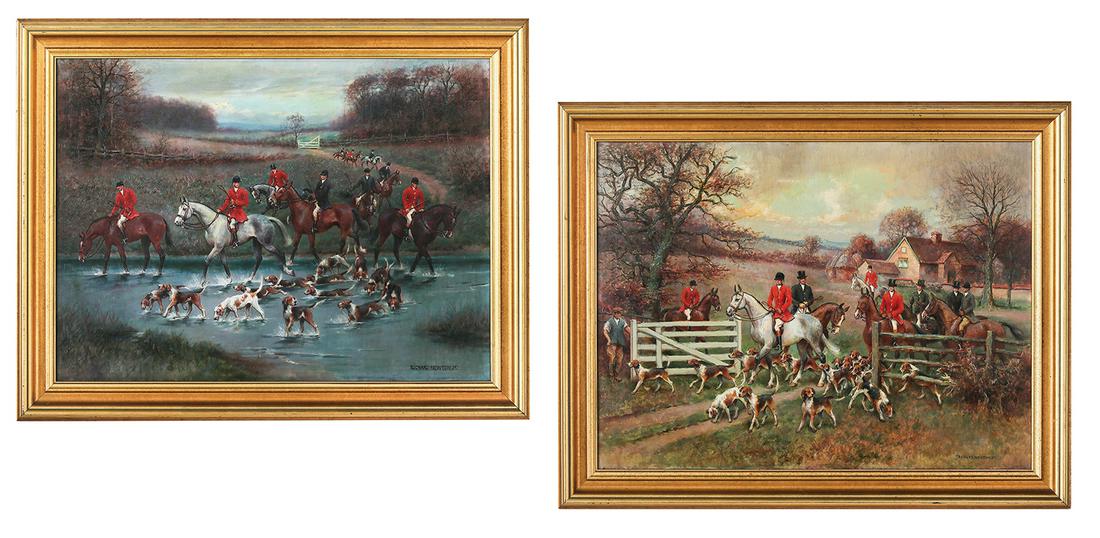 Richard Newton, Jr. (American, 1874-1951): Richard Newton, Jr. (American, 1874-1951) "Fox Hunt: The Start" "Fox Hunt: Crossing Water" two oils on canvas each signed lower right. Framed alike. 24" x 32", framed 30" x 37-1/2" Provenance: Private
