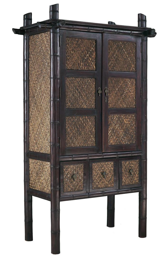 Polynesian-Style Hardwood and Woven Grass Cabinet (1 of 1)