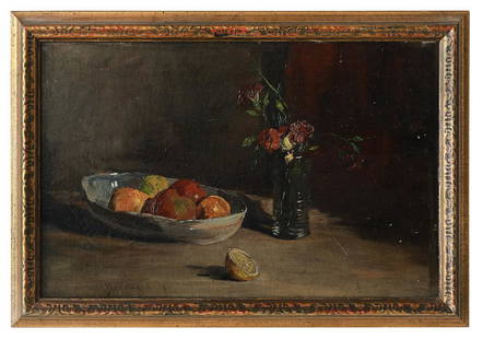 Ellsworth Woodward (US/New Orleans, 1861-1939): Ellsworth Woodward (American/New Orleans, 1861-1939) "Still Life: Bowl of Fruit with Vase of Flowers", 1892 oil on canvas signed and dated lower left, and titled and "Collection of Dr. and Mrs.