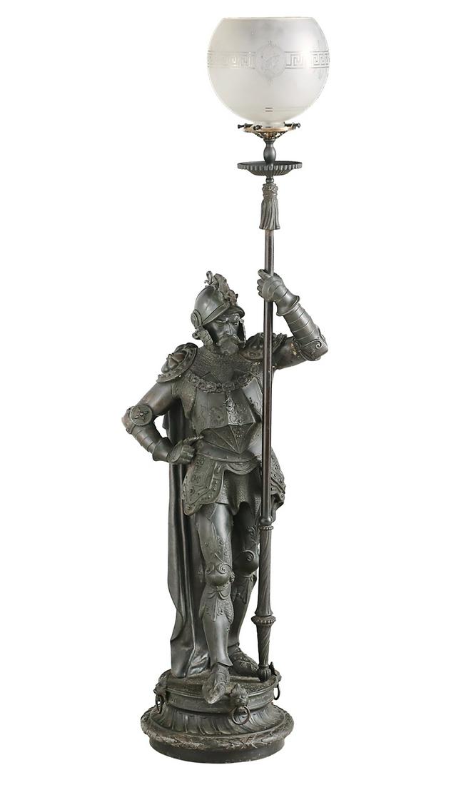 Rare Mitchell, Vance & Co. Gas Newel Post Light: Rare Mitchell, Vance & Co. Patinated Spelter and Brass Gas Newel Post Light ca. 1876, in the form of an elaborately dressed soldier holding a pike, mounted with a gas jet and period etched and frosted