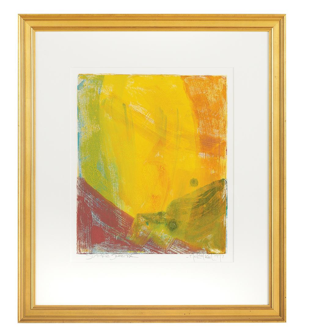 Michael Rich, (American, b. 1968): Michael Rich (American, b. 1968) "Summer Jazz IX", 1997 monoprint on paper pencil-signed, dated and titled. Matted, glazed and framed. sight 24" x 20", framed 38-1/2" x 33-1/2"