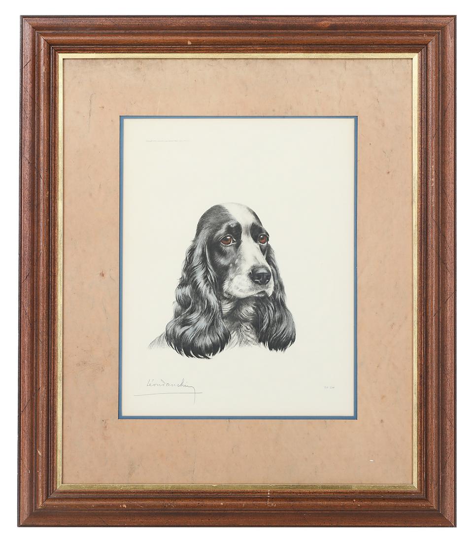 Leon Danchin, (French, 1887-1939): Leon Danchin (French, 1887-1939) "Portrait of a Spaniel" limited edition print pencil-signed lower right and numbered lower left. Matted, glazed and framed. sight 15-1/2" x 12", framed 27" x 23"
