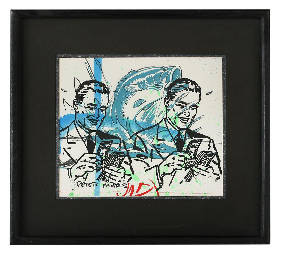 Peter Mars, (American, b. 1959): Peter Mars (American, b. 1959) "Untitled: Cash Money" mixed media on paper signed lower left. Matted, glazed and framed. sight 11-1/4" x 13-1/4", framed 19-1/2" x 21-1/2"