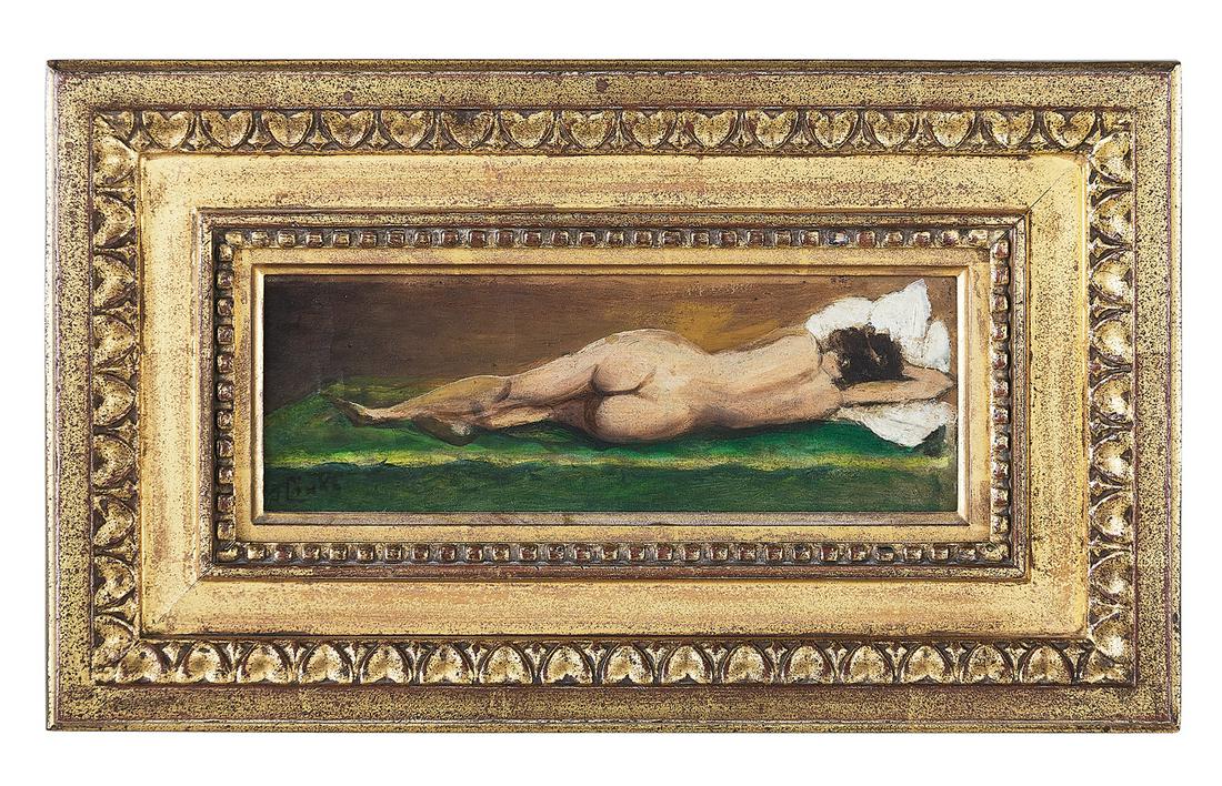 American School, (20th Century): American School (20th Century) "Reclining Nude" oil on canvas illegibly signed lower left. Framed. 4-1/2" x 11", framed 10-1/4" x 17-1/8"