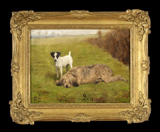 George Paice, R. A. (British, 1854-1925): George Paice, R. A. (British, 1854-1925) "Hellie and Tullip", oil on panel, signed lower left "G. Paice R.A.", sitters identified lower center, verso affixed with the "Rowley Gallery, London" label, 9