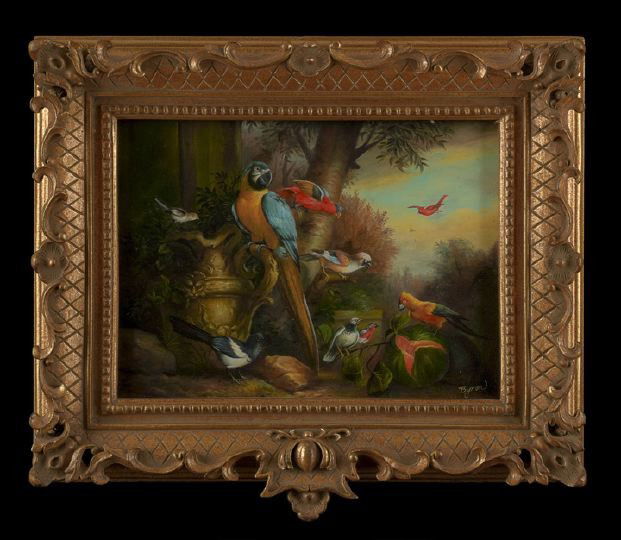 British School (Late 20th/Early 21st Century): British School (Fourth Quarter 20th/First Quarter 21st Century) "Parrots in a Classical Landscape" oil on panel, signe dlower right "Byron", 11-1/2" x 16". Presented in a Rococo-style giltwood and ges