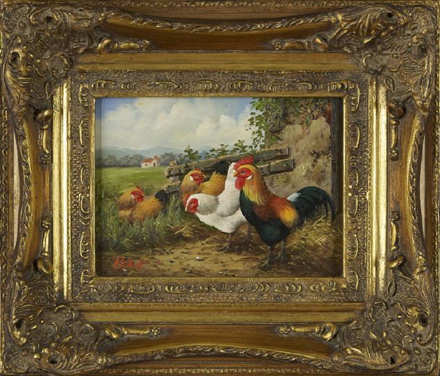 Follower of Edgar Hunt (British, 1870-1955): Follower of Edgar Hunt (British, 1870-1955) "Chickens and Roosters in the Farmyard", three oil on panel, two signed "D. Clark", larger 5" x 7", smaller 3" x 3". All presented in Rococo-style giltwood 