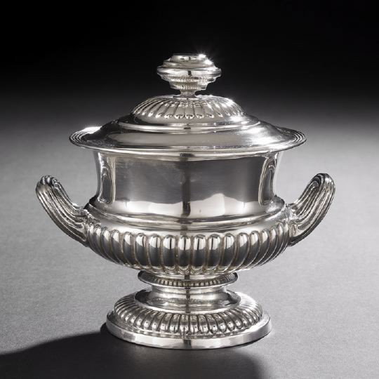 Indian Colonial Silver Sugar Urn: Indian Colonial Silver Sugar Urn, second quarter 19th century, George Gordon & Co., Madras, of campana form, with gadrooned calyx and foot and reeded handles, the domed fitted lid en suite and with an