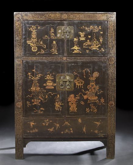 Large Chinese Black-Lacquered Wardrobe: Large Chinese Black-Lacquered Wardrobe, 19th century, with inset doors and decorated on the front in gold-on-black lacquer with panels of Chinese antiques and elaborate "Happiness" borders, the interi