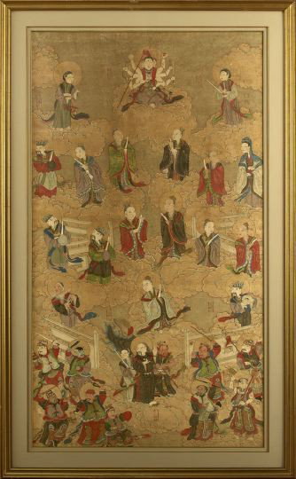 Framed Chinese Scroll of Buddhist Deities: Framed Chinese Scroll of Buddhist Deities, first half 19th century, ink and colors on paper, depicting two levels of paradise, each separated by fences and populated with deities among clouds, the low