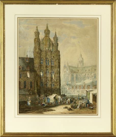 Continental School (Early 20th Century): Continental School (Early 20th Century) "View of a Busy Market Near a Gothic Cathedral", watercolor on paper, initialed lower right "SP", sight 24" x 19-1/2". Glazed, handsomely matted and framed.
