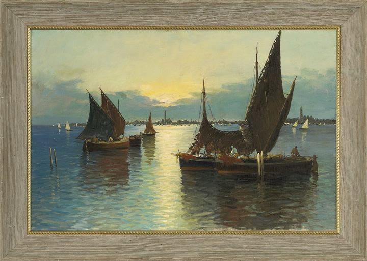 Continental School (20th Century): Continental School (20th Century) "Moonlit View of Fishermen Returning to Shore", oil on masonite, unsigned, 2-1/2" x 34". Framed.