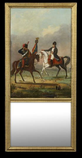 Empire-Style Giltwood Trumeau: Empire-Style Giltwood Trumeau, third quarter 19th century, the upper portion featuring an oil on canvas scene of a mounted Napoleon greeting an officer, the lower portion mirrored, all within a ribbon