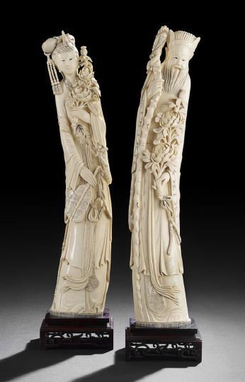 Pair Chinese Carved Ivory Figures: Pair Chinese Carved Ivory Figures of an Emperor and Empress, 20th century, each carved in relief from the end of a tusk and following its curve, the figure of the emperor holding a staff and a spray o