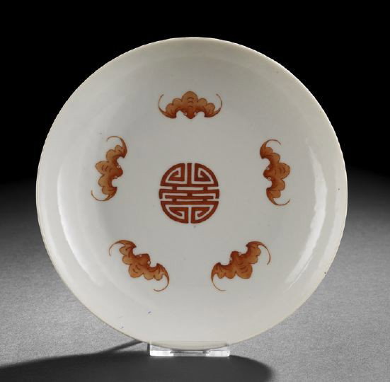 Good Chinese Famille Rose Saucer Dish: Good Chinese Famille Rose Saucer Dish, Republic Period (1908-1949), the interior decorated in iron-red with five bats surrounding a Shou character, the exterior decorated in Famille Rose enamels of lo