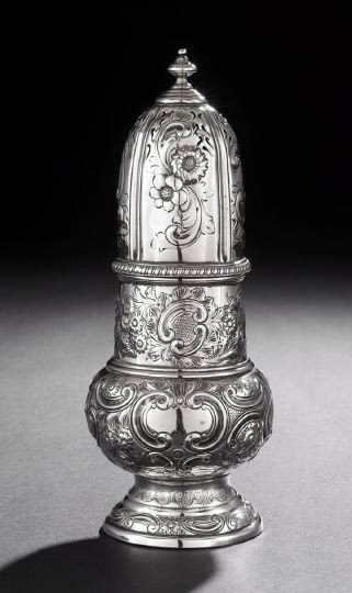 Victorian Sterling Silver Caster: Victorian Sterling Silver Caster, hallmarked London, 1894-1895, by Samuel Walton Smith, of baluster form, decorated all over with repousse rococo scrolls and flowers, the tall cap with gadrooned rim a