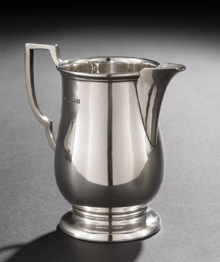 English Sterling Silver Cream Jug: English Sterling Silver Cream Jug, hallmarked Birmingham, 1937-1938, by John Rose, in the early Georgian taste, of baluster form. with molded rim and foot-ring, applied squared handle and "duck's beak