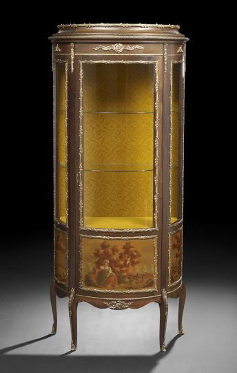 Louis XV-Style Fruitwood Vitrine: Louis XV-Style Fruitwood Vitrine, the bowed plinth top above an ormolu mounted frieze and conforming case fitted with a single door, the upper two-thirds glazed, the lower with a polychrome scene of a