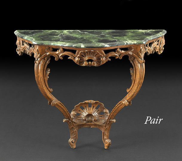 Pair of Louis XV-Style Faux Marbre Console Tables: Pair of Louis XV-Style Fruitwood and Faux Marbre Console Tables, each with a shaped faux Verde Antico marble top above a conforming pierced frieze, centered by a shell carving and with scrolling folia