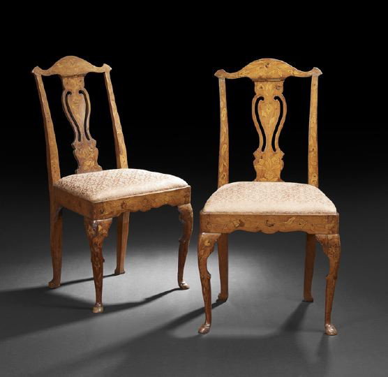 Pair of Dutch Elm and Mahogany Side Chairs: Pair of Dutch Elm and Mahogany Side Chairs, ca. 1800, each with a domed and eared crest above a pierced vasiform splat, the padded seat raised on cabriole legs ending in pad feet, the whole with flora