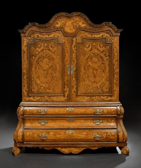 Dutch Mahogany, Walnut and Marquetry Cabinet: Dutch Mahogany, Walnut and Marquetry Cabinet, the shaped and domed molded cornice above a frieze centered by an inlaid portrait, over two doors, each inset with a shaped panel and with elaborate flora