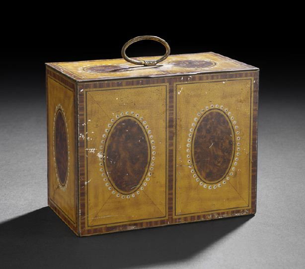 Crawford and Sons Polychromed Biscuit Tin: William Crawford and Sons, Edinburgh and London, Polychromed Biscuit Tin, first quarter 20th century, the tin imaginatively painted to resemble a Georgian burl-inlaid satinwood tea caddy, fully signed