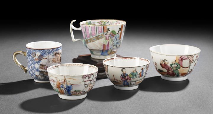 Group of Five Chinese Export Porcelain Tea Cups: Group of Five Chinese Export Porcelain Tea Cups, 18th century, composed of two handled demi-tasse cups and three tea bowls, all decorated in Famille Rose enamels with figures in various scenes, dia. 2