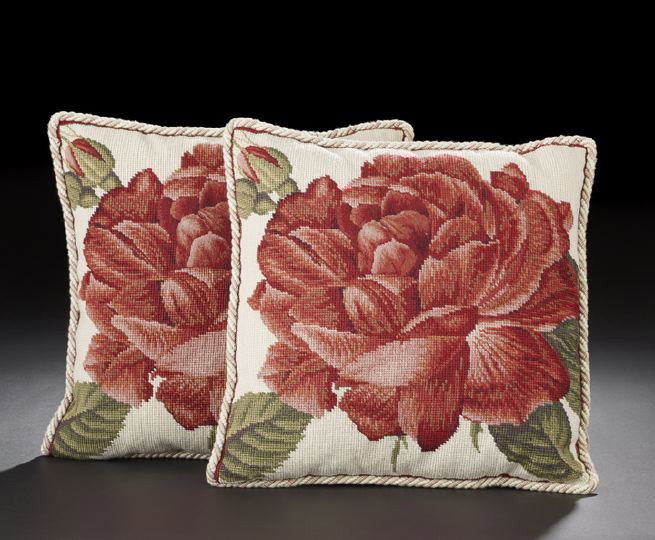 Pair of Decorative Needlepoint Throw Pillows: Pair of Decorative Needlepoint Throw Pillows, each depicting a red rose, h. 15", w. 15".
