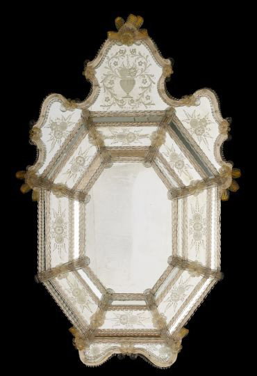 Venetian Etched-Glass Wall Mirror: Venetian Etched-Glass Wall Mirror, the outer panels with etched floral sprays and banded with glass roping and applied glass floral rosettes, h. 51", w. 32".