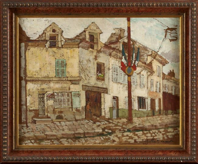 Paul Francois Berthoud (French, 1870-1939): Paul Francois Berthoud (French, 1870-1939) "French Street Scene on Bastille Day", oil on board, signed lower right "Gilbert Lanquetin", 19" x 24". Presented in a polychrome and parcel-gilt, deeply-mol