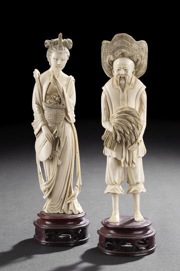 Pair of Chinese Carved Ivory Figures: Pair of Chinese Carved Ivory Figures, first half 20th century, carved as standing figures of a rice farmer with a broad brimmed hat and a sheaf of rice heads and the figure of a maiden holding a fan a