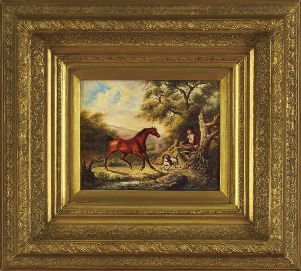 British School (Contemporary): British School (Contemporary) "Boy With a Horse and a Dog in a Landscape", hand-embellished paper reproduction laid down on board, verso with frame maker's label from England lacking manufacturer, sig