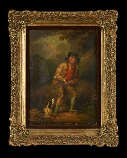 British School (19th Century): British School (19th Century) "Traveller with His Dog Seated in a Landscape", oil on panel, unsigned, 10" x 7-1/2". Presented in a contemporary frame.