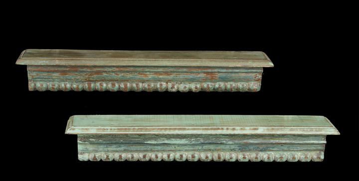 Pair of Polychrome Bracket Shelves: Pair of Polychrome Bracket Shelves, each with a rectangular top with molded edge above a conforming molded and annulated frieze, h. 3-3/4", w. 23-3/4", d. 5".