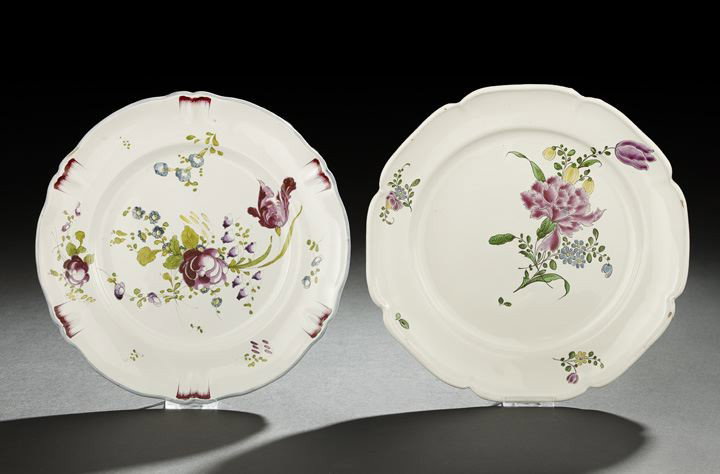 Two French Ancien Regime Faience Dinner Plates: Two French Ancien Regime Faience Dinner Plates, fourth quarter 18th century, including a good Moustiers floral polychromed example of "Louis XV" shape, and an attractive Strasbourg faience plate of li